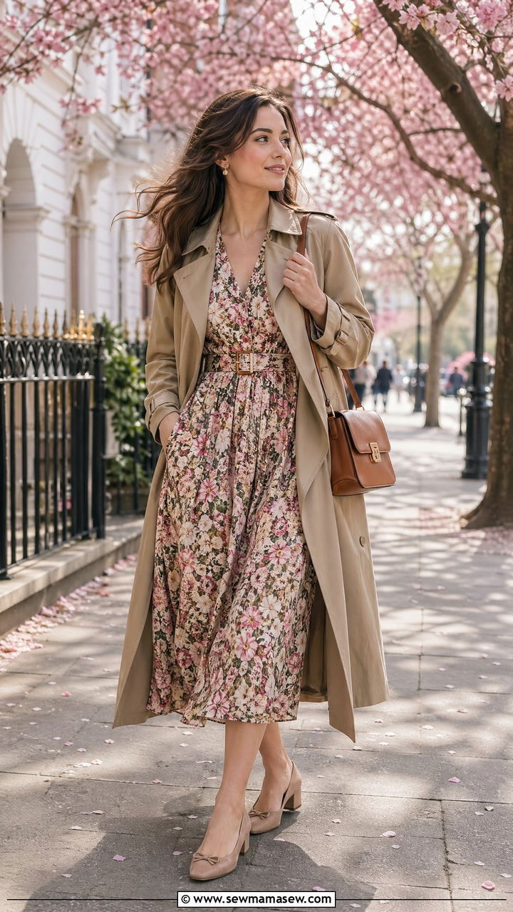 Trench coat layered over a floral dress - 35 spring romantic outfit ideas