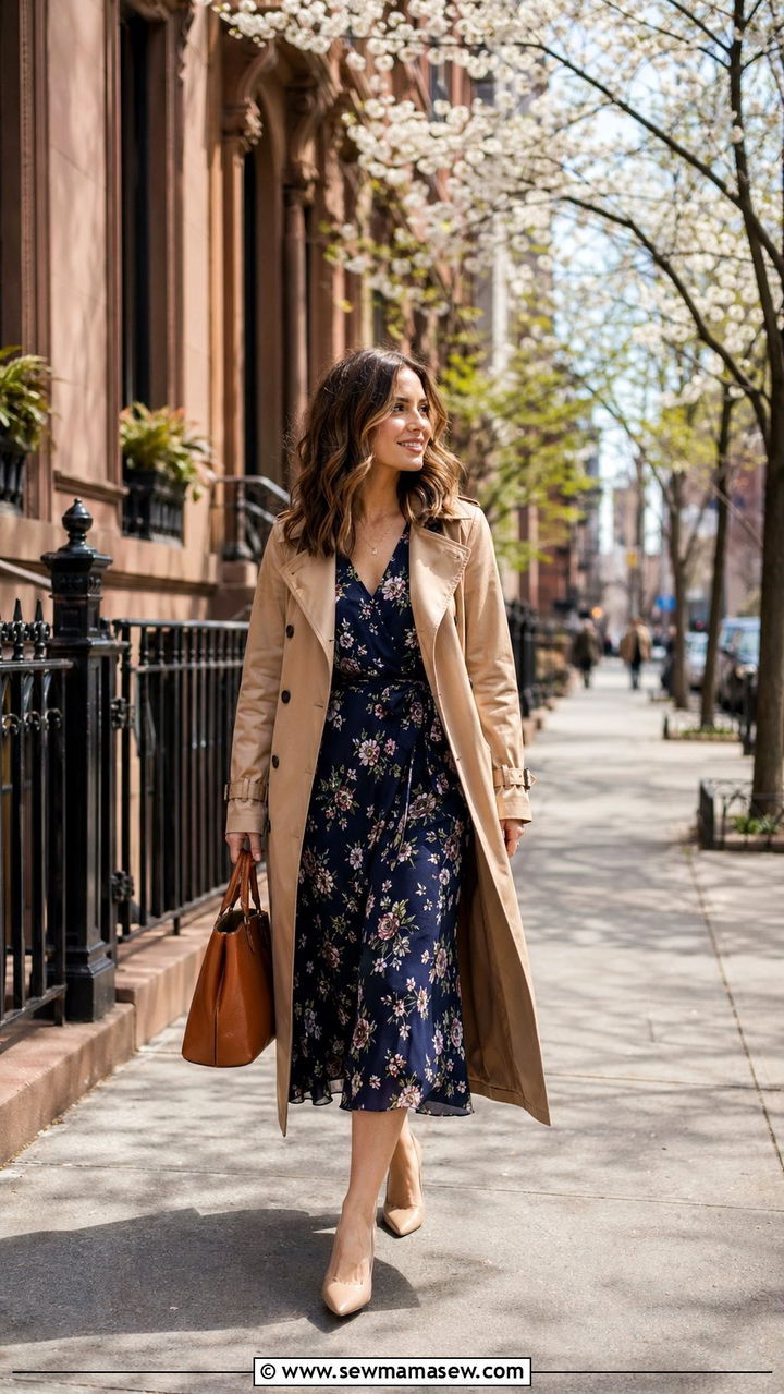 Trench coat layered over a floral midi dress - 30 work outfits for short women