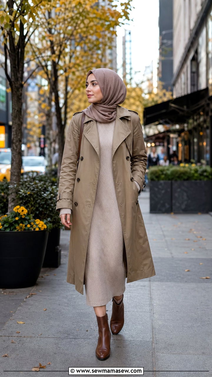 Trench coat layered over a midi dress - 35 Modest outfit ideas for Muslim women