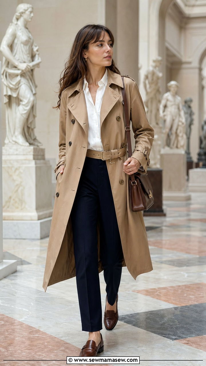 Trench coat layered over a shirt and trousers - 35 Museum visit outfit ideas