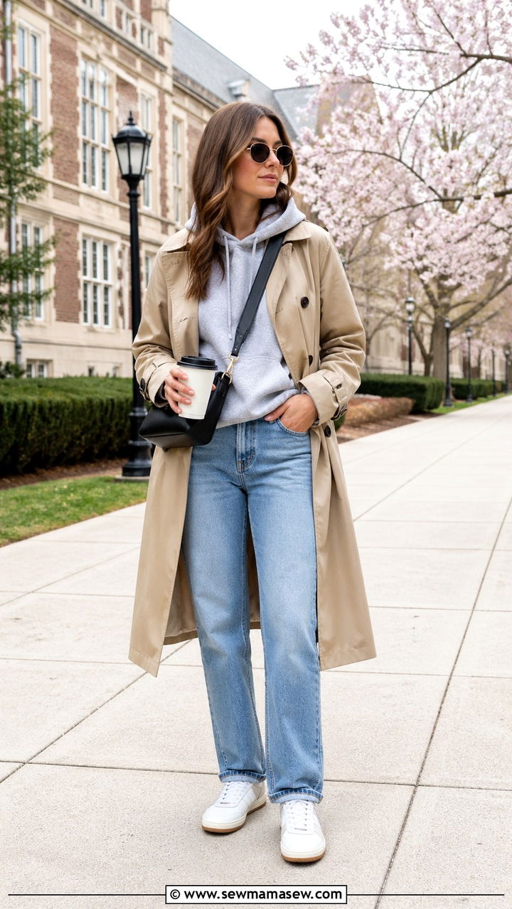 Trench coat layered over hoodie and jeans outfit - 30 Spring capsule wardrobe for college