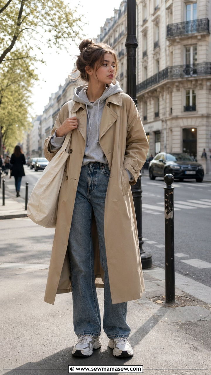 Trench coat layered over hoodie and jeans - 35 Outfit ideas for teens