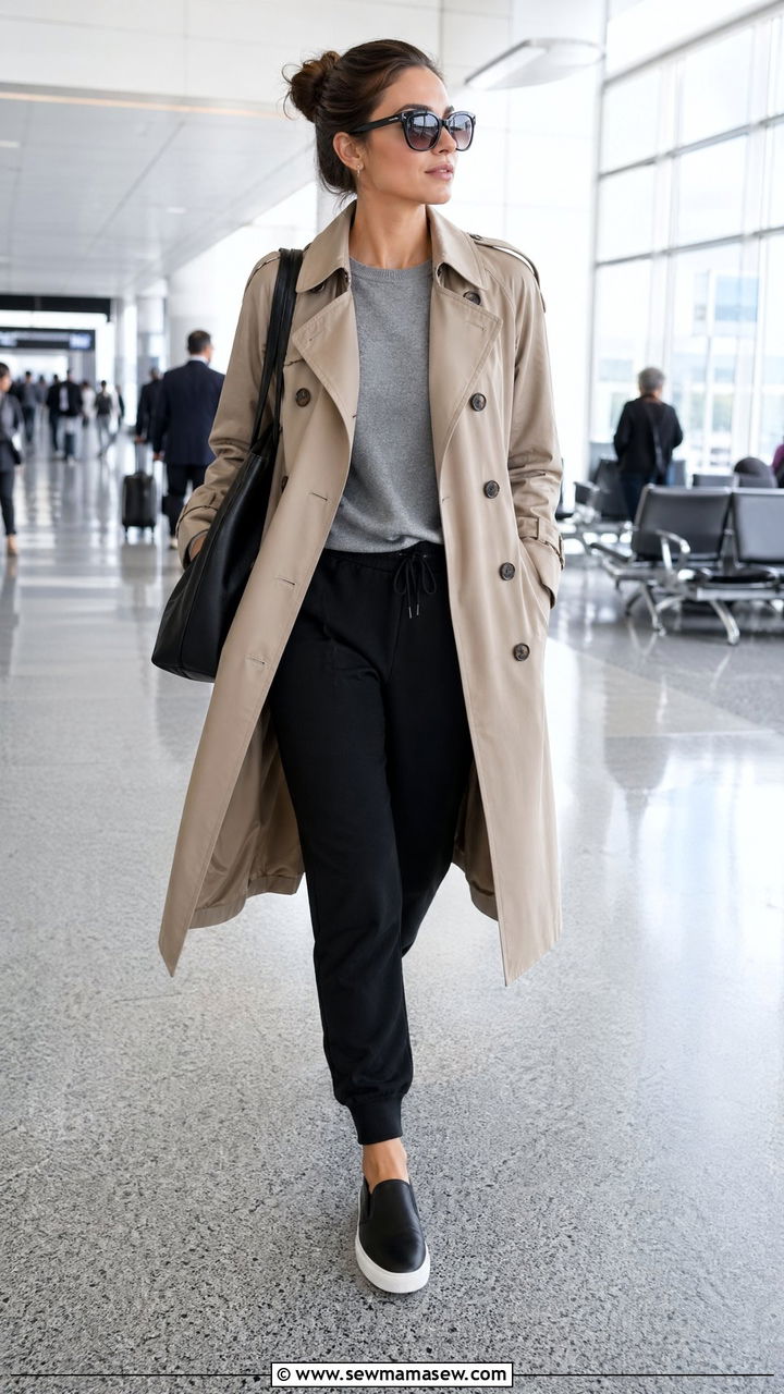 Trench coat layered over sweater and joggers long flight - 40 Long flight outfit ideas