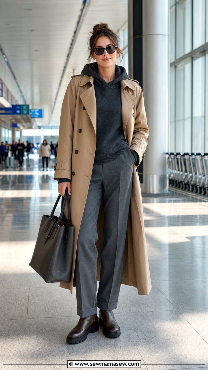 Trench coat over a cashmere hoodie and wool trousers - 30 Airport outfit ideas with a trench coat