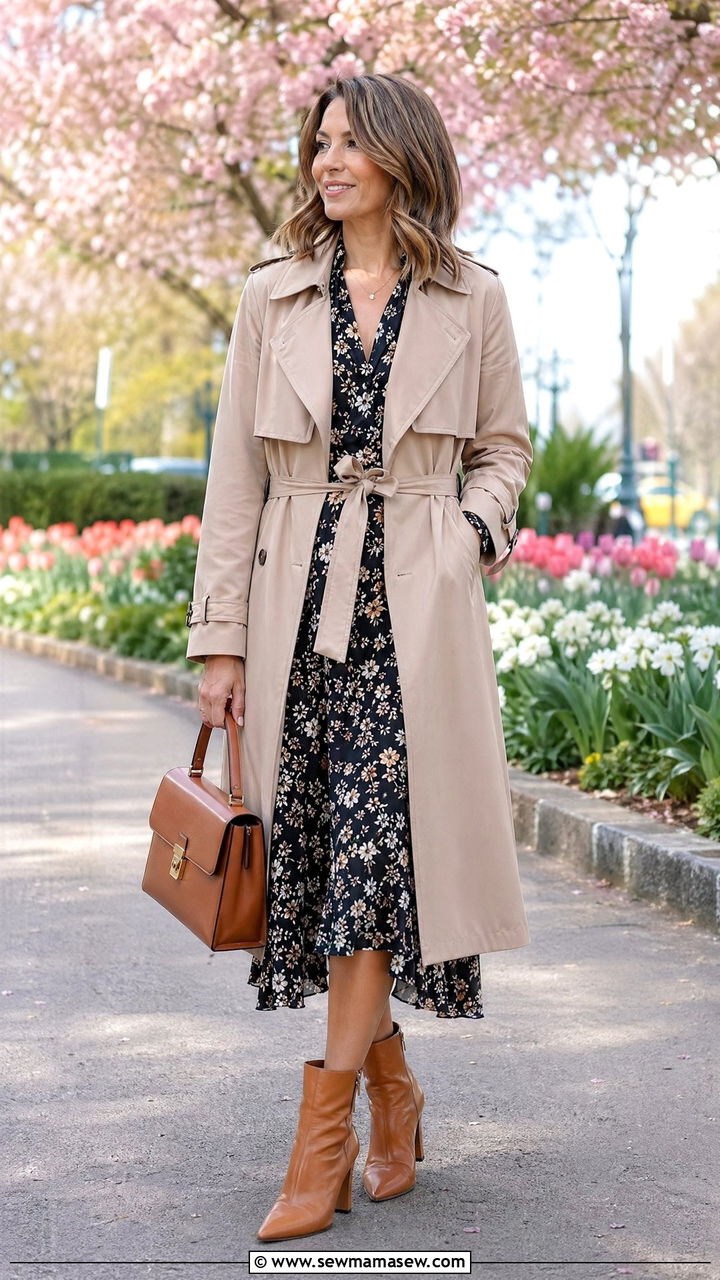 Trench coat over a floral midi dress - 35 Classy outfits for women over 40
