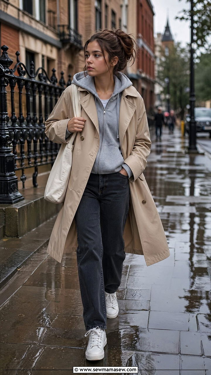 Trench coat over a hoodie with straight leg jeans - 35 casual school outfits
