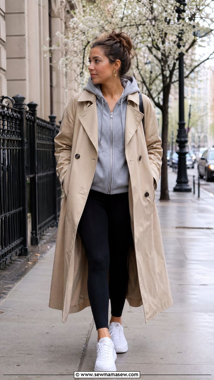 Trench coat over hoodie and leggings outfit - 35 spring comfy outfit ideas