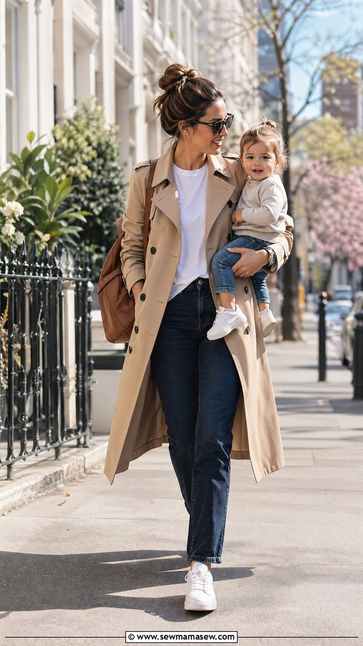 Trench coat over jeans and tee - 35 Spring outfits for working moms