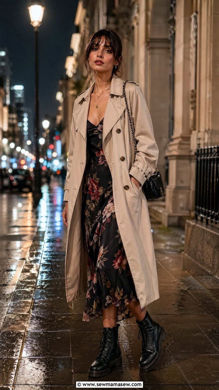 Trench coat over slip dress with combat boots - 35 transitional outfits for women