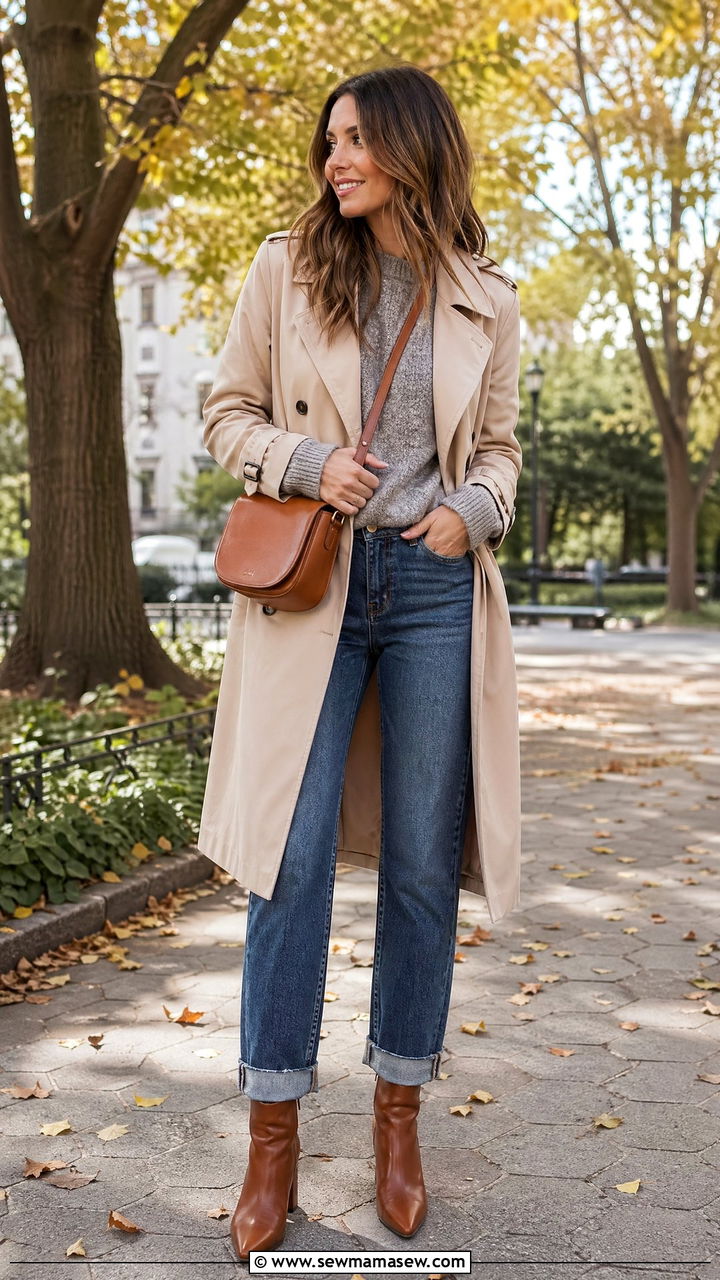 Trench coat thin sweater straight jeans and ankle boots - 35 Crossbody bag outfit ideas
