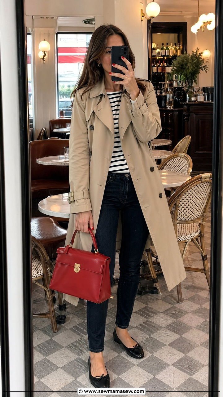 Trench coat with Breton top and ballet flats - 35 trench coat outfits ideas