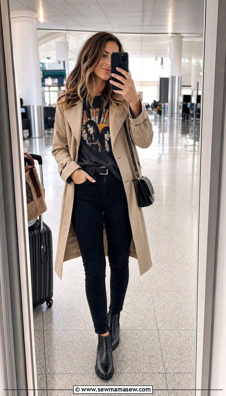 Trench coat with a graphic tee and black skinny jeans - 30 Airport outfit ideas with a trench coat