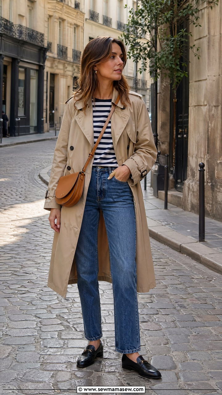 Trench coat with a striped top and straight leg jeans - 35 transitional french girl outfit ideas