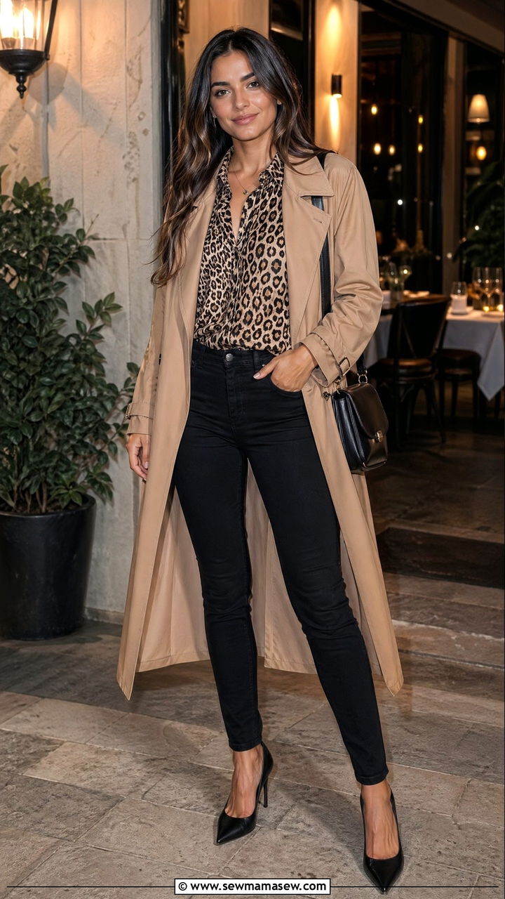 Trench coat with animal print top and black jeans - 35 trench coat outfits ideas
