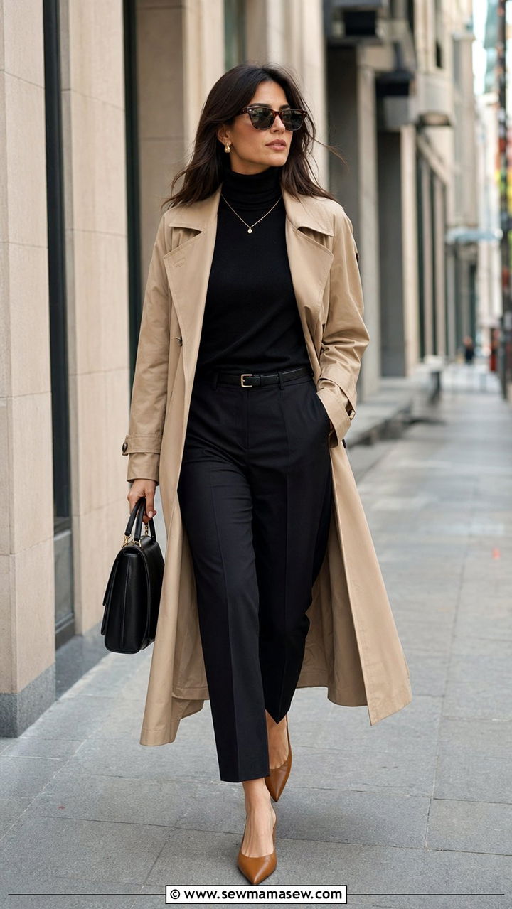 Trench coat with black turtleneck and tailored trousers outfit - 35 Quiet luxury outfit ideas
