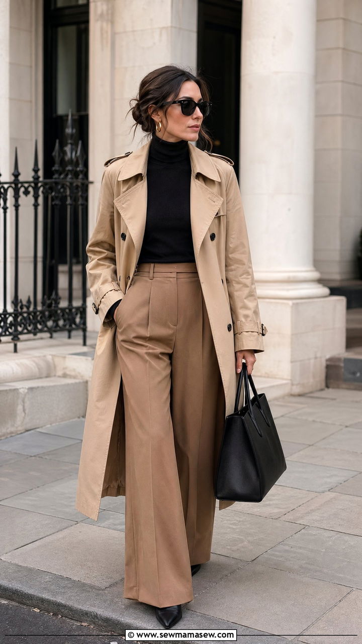 Trench coat with black turtleneck and wide leg trousers - 35 trench coat outfits ideas