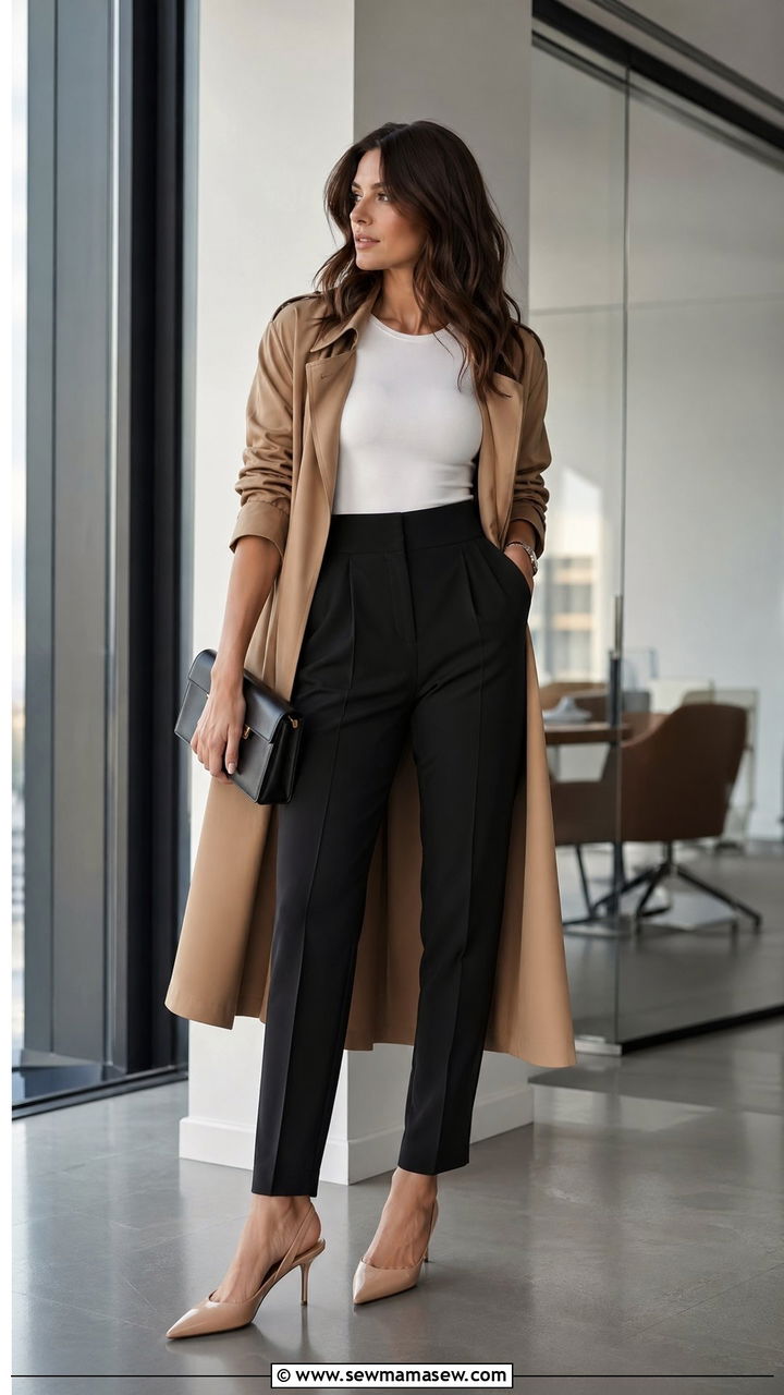 Trench coat with bodysuit and high waisted trousers - 35 trench coat outfits ideas