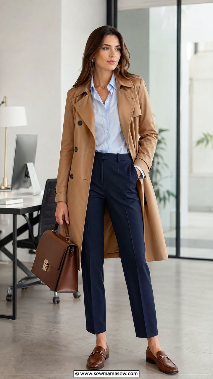 Trench coat with button down shirt and tailored trousers - 35 trench coat outfits ideas