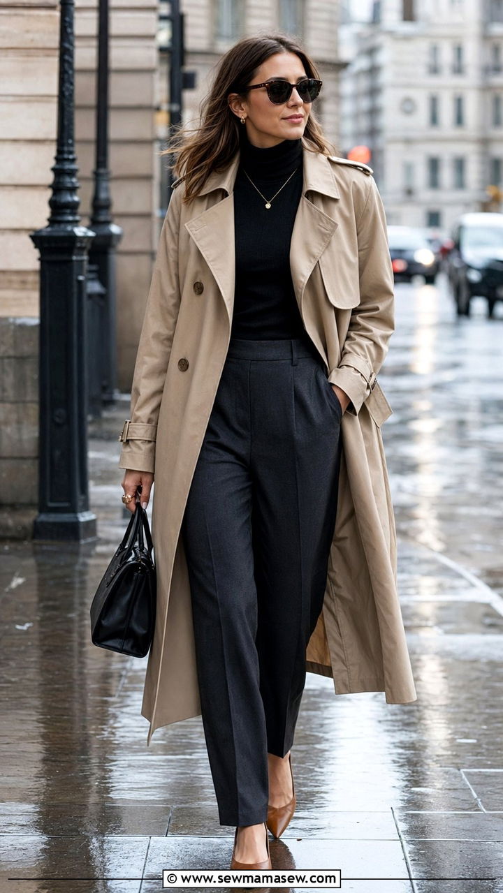 Trench coat with caramel pointed flats and tailored trousers outfit - 35 Quiet luxury outfit ideas