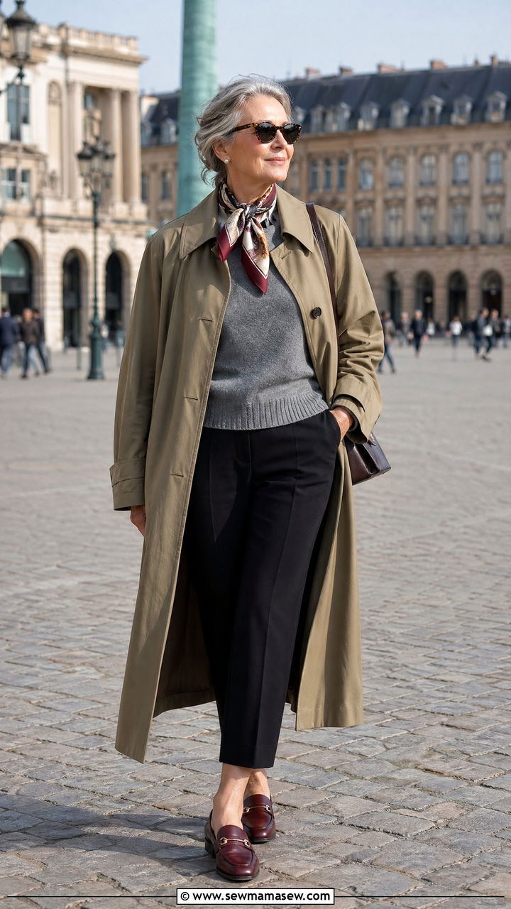 Trench coat with cashmere sweater and cropped trousers - 35 Travel outfit ideas for women over 50