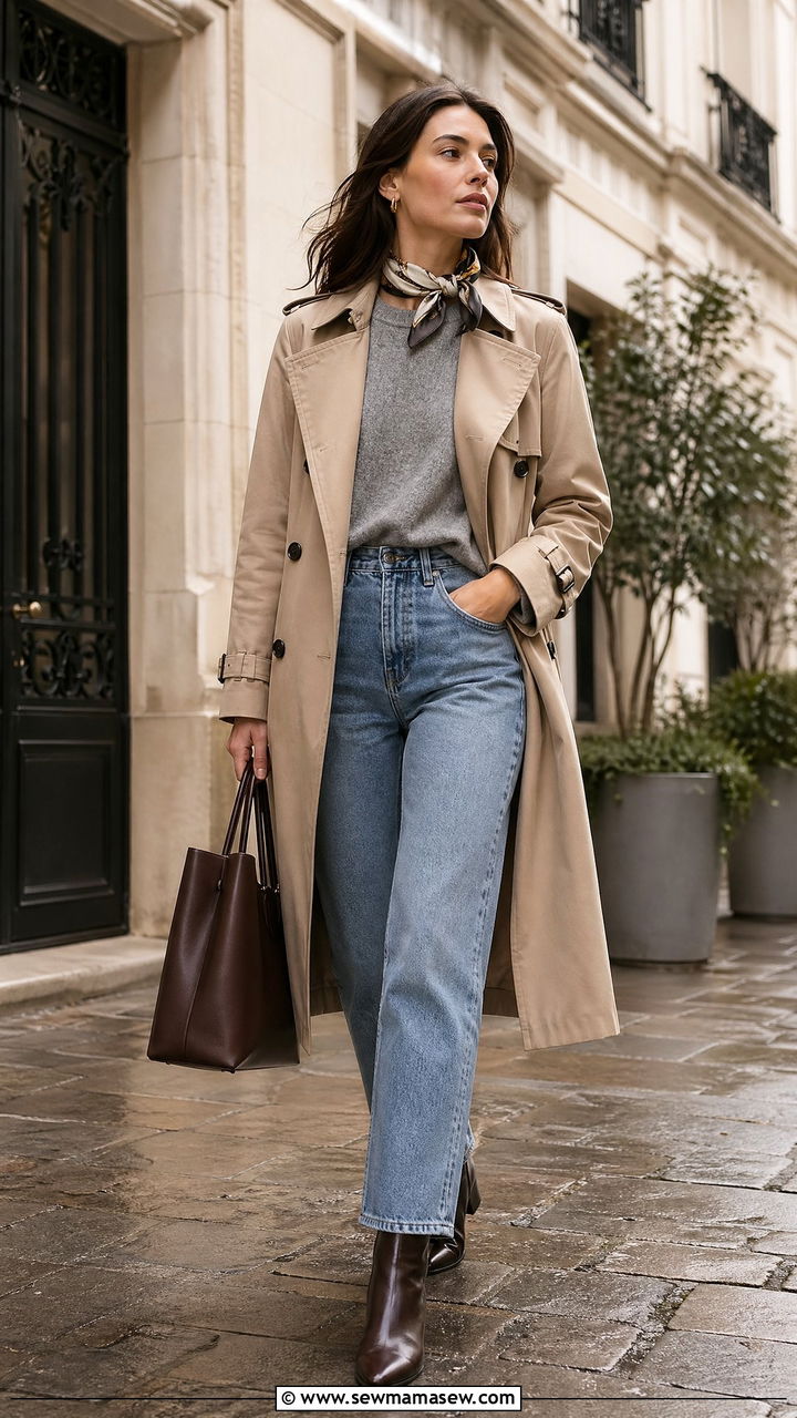 Trench coat with cashmere sweater and jeans - 35 Weekend getaway outfit ideas