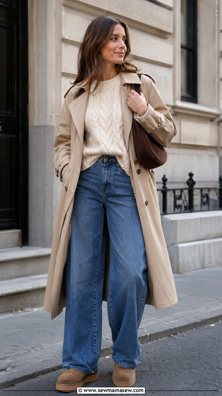 Trench coat with chunky knit sweater and barrel leg jeans - 35 trench coat outfits ideas