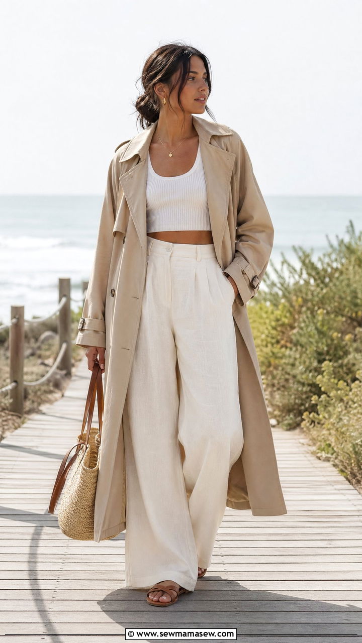 Trench coat with crop top and wide leg pants for spring - 35 trench coat outfits ideas