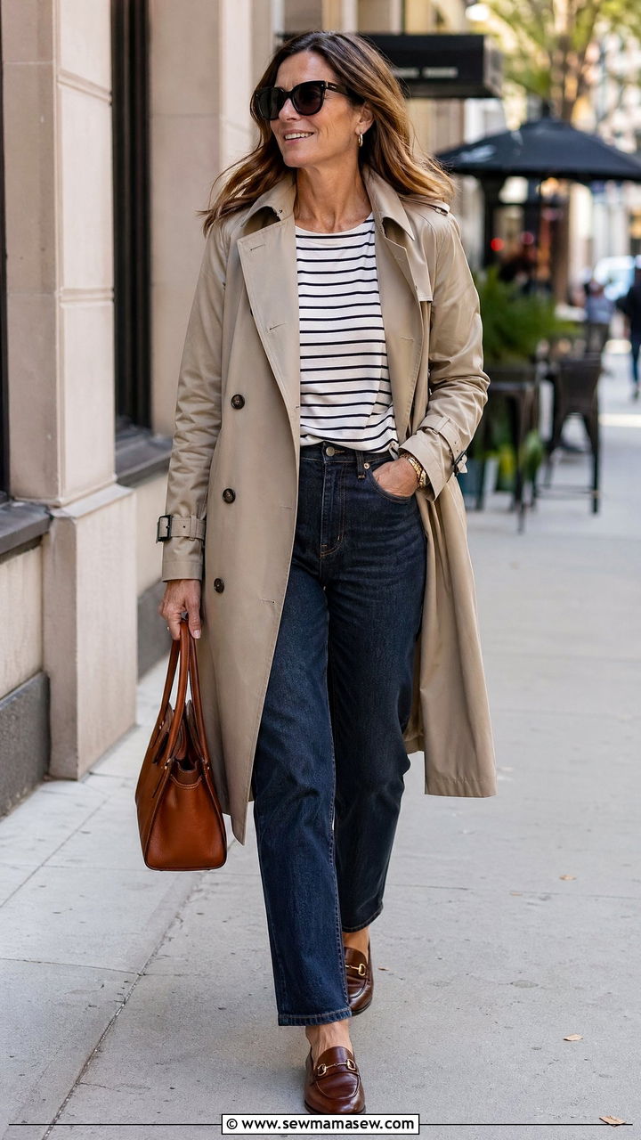 Trench coat with dark wash jeans - 35 Classy outfits for women over 40