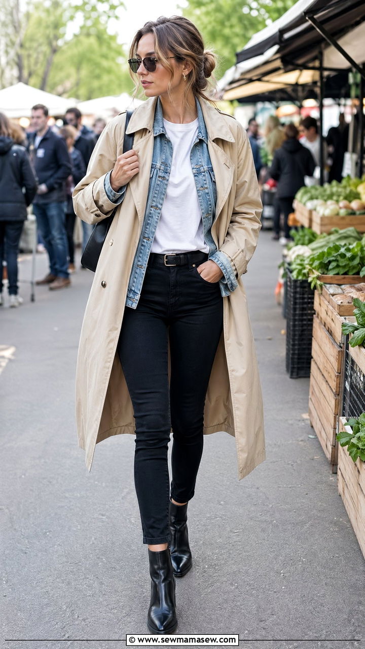 Trench coat with denim jacket layered underneath - 35 trench coat outfits ideas
