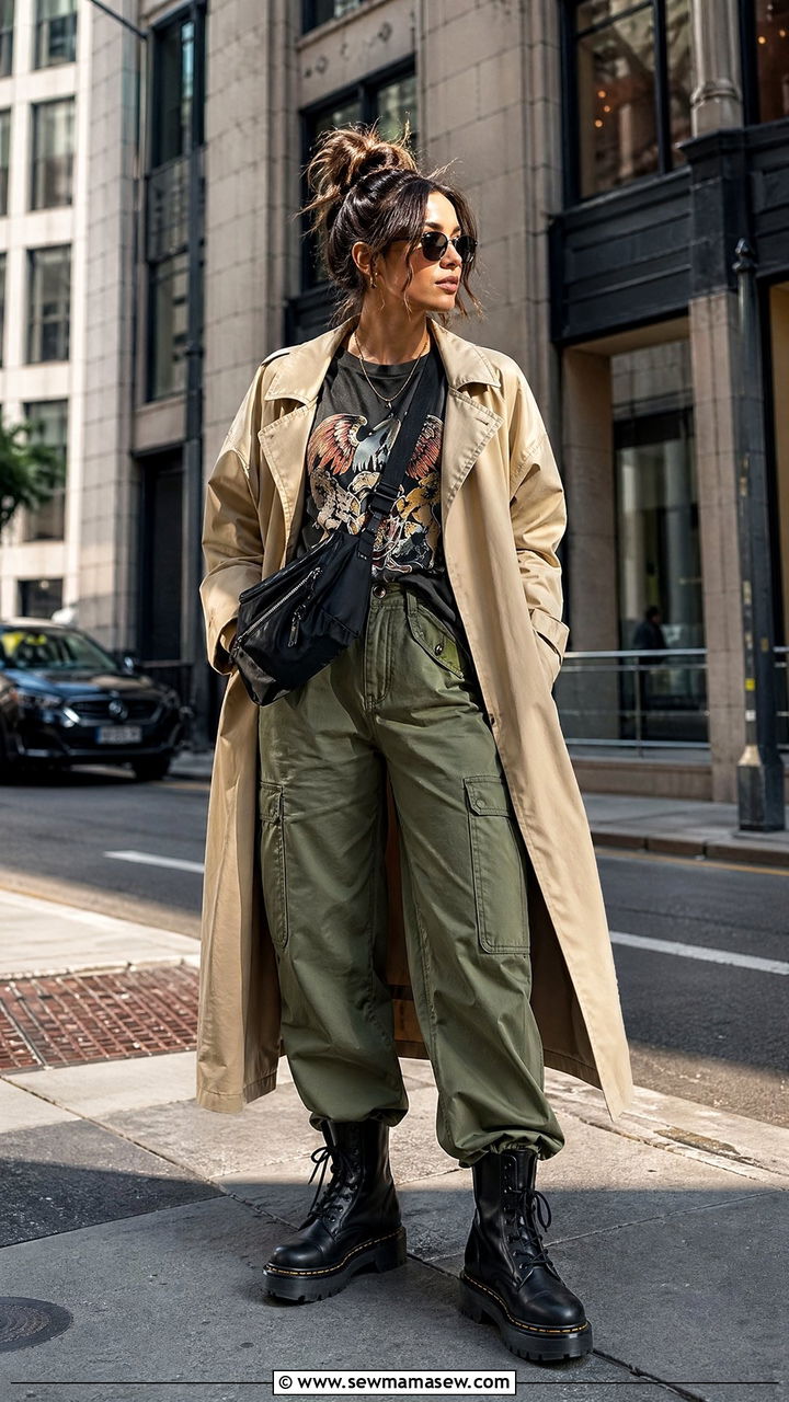 Trench coat with graphic tee and cargo pants - 35 trench coat outfits ideas