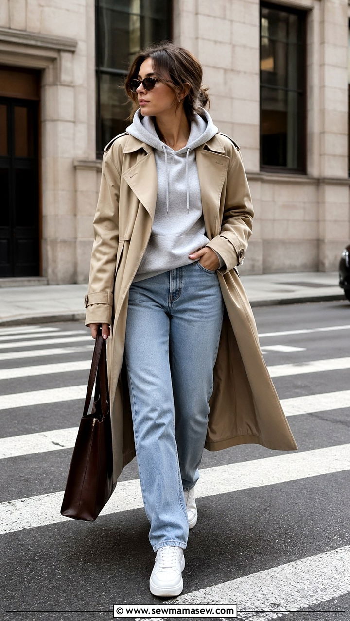 Trench coat with hoodie and jeans - 30 Spring layering outfits