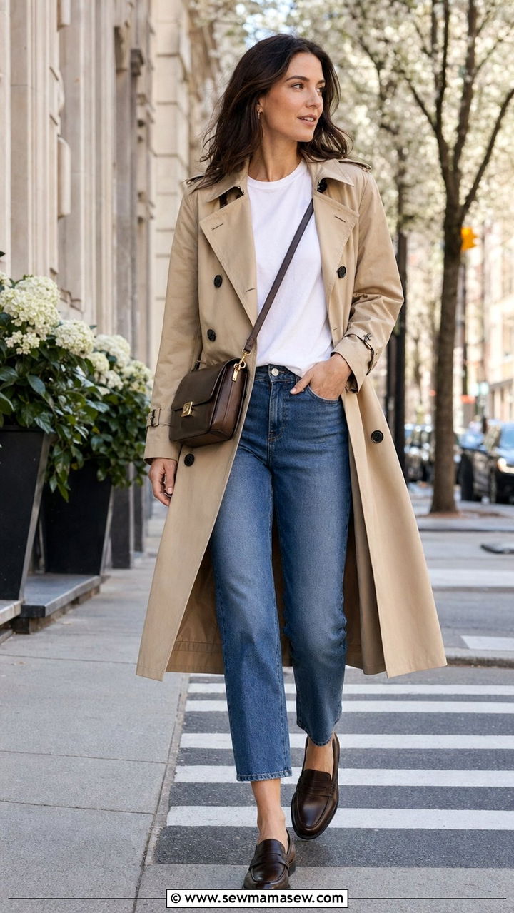 Trench coat with jeans and loafers - 35 Outfit ideas for women in their 30s