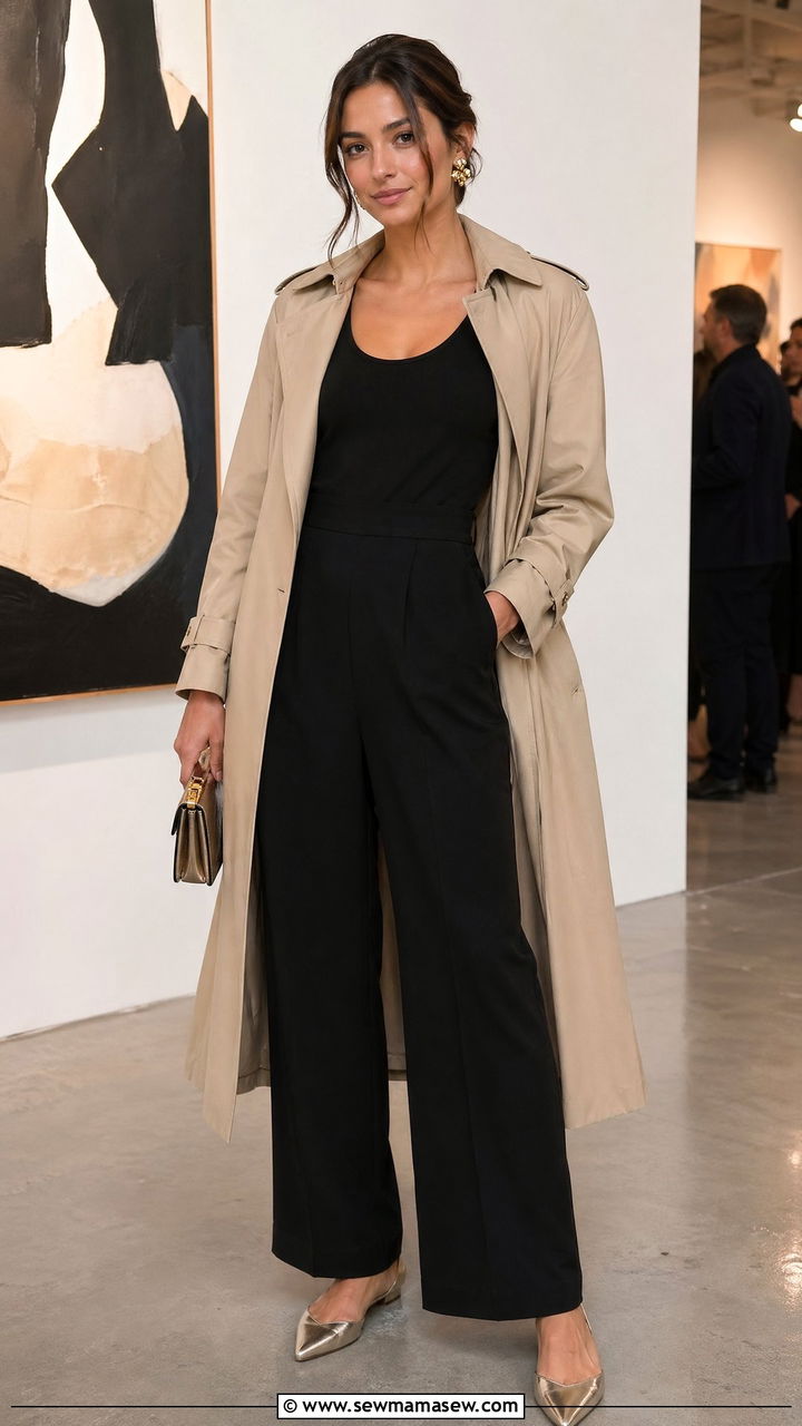 Trench coat with jumpsuit and pointed flats - 35 trench coat outfits ideas