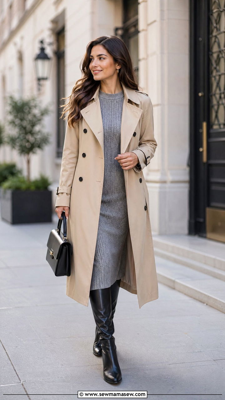 Trench coat with knit midi dress and knee high boots - 35 Spring business casual outfits for women