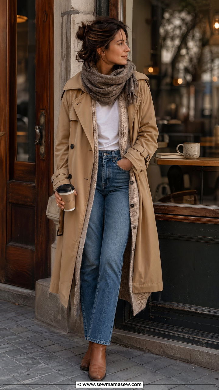 Trench coat with long cardigan and jeans for cozy layering - 35 trench coat outfits ideas