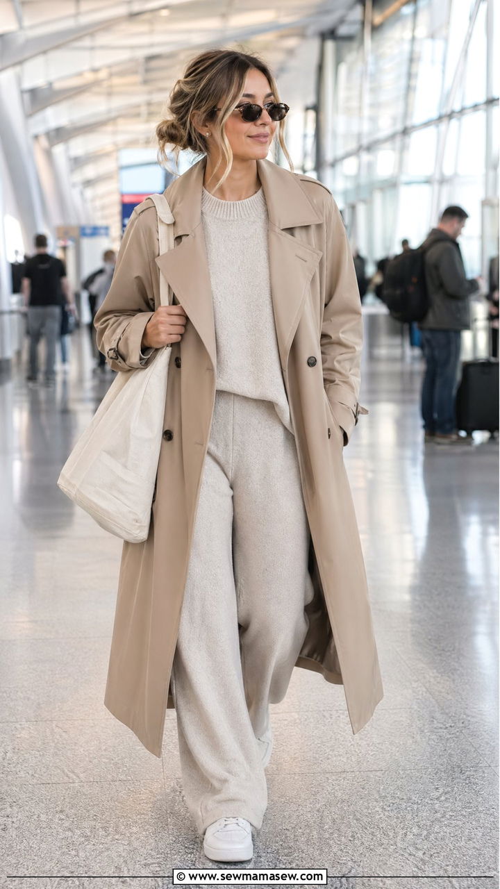 Trench coat with matching knit lounge set and sneakers - 35 trench coat outfits ideas