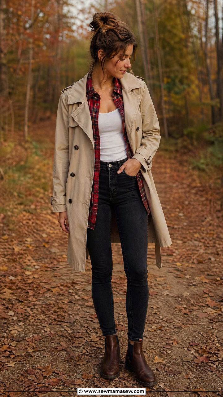 Trench coat with plaid shirt and jeans for a casual look - 35 trench coat outfits ideas