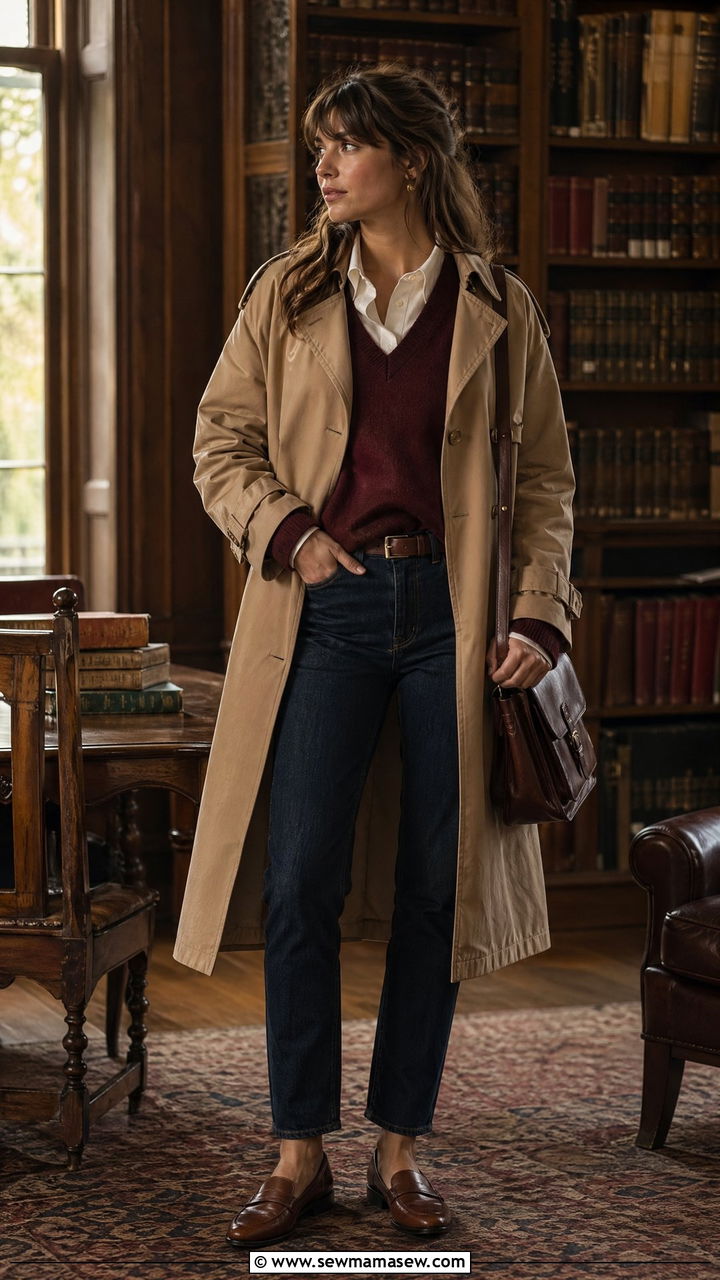 Trench coat with preppy sweater and loafers - 35 trench coat outfits ideas