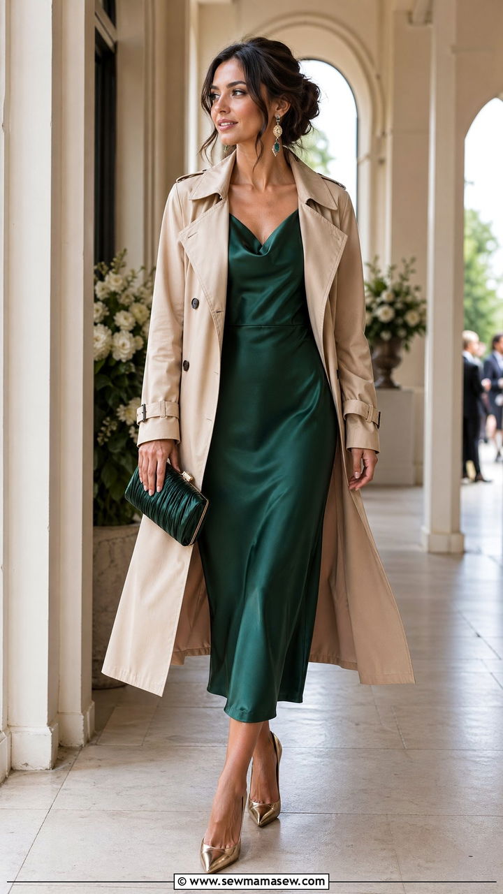 Trench coat with satin midi dress and pointed toe heels - 35 trench coat outfits ideas