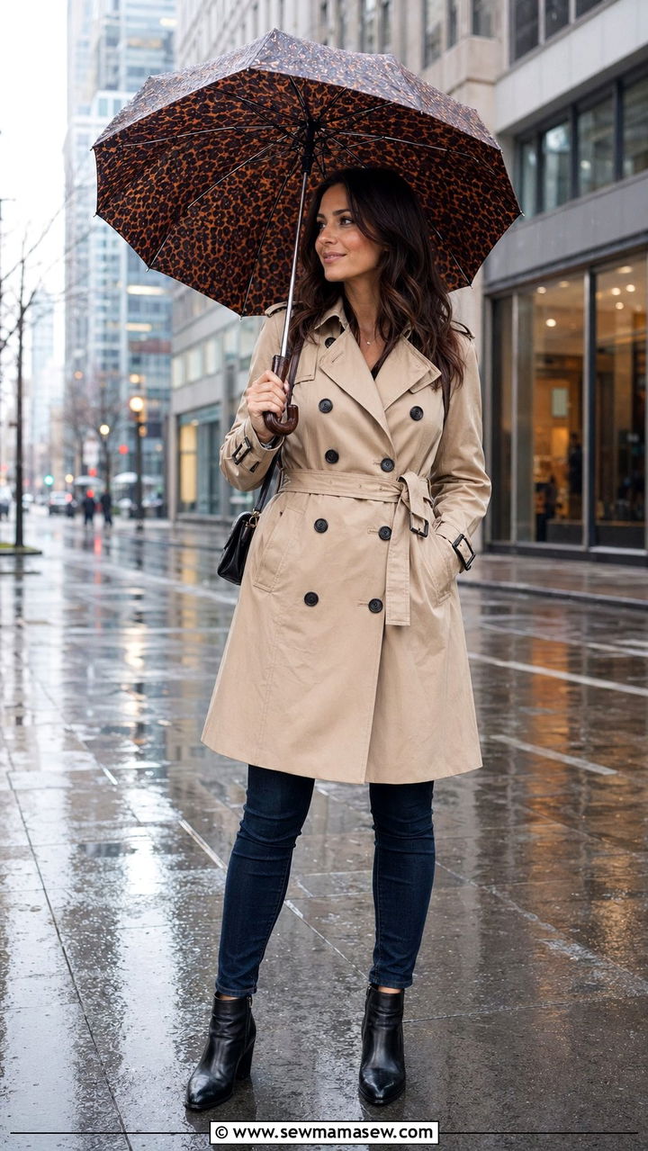 Trench coat with skinny jeans and ankle boots - 35 rainy day outfits for women