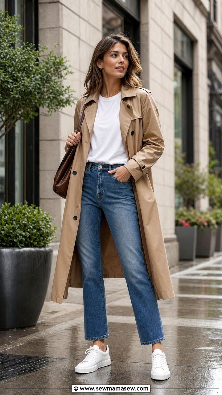 Trench coat with straight jeans and waterproof sneakers - 30 April showers outfit ideas