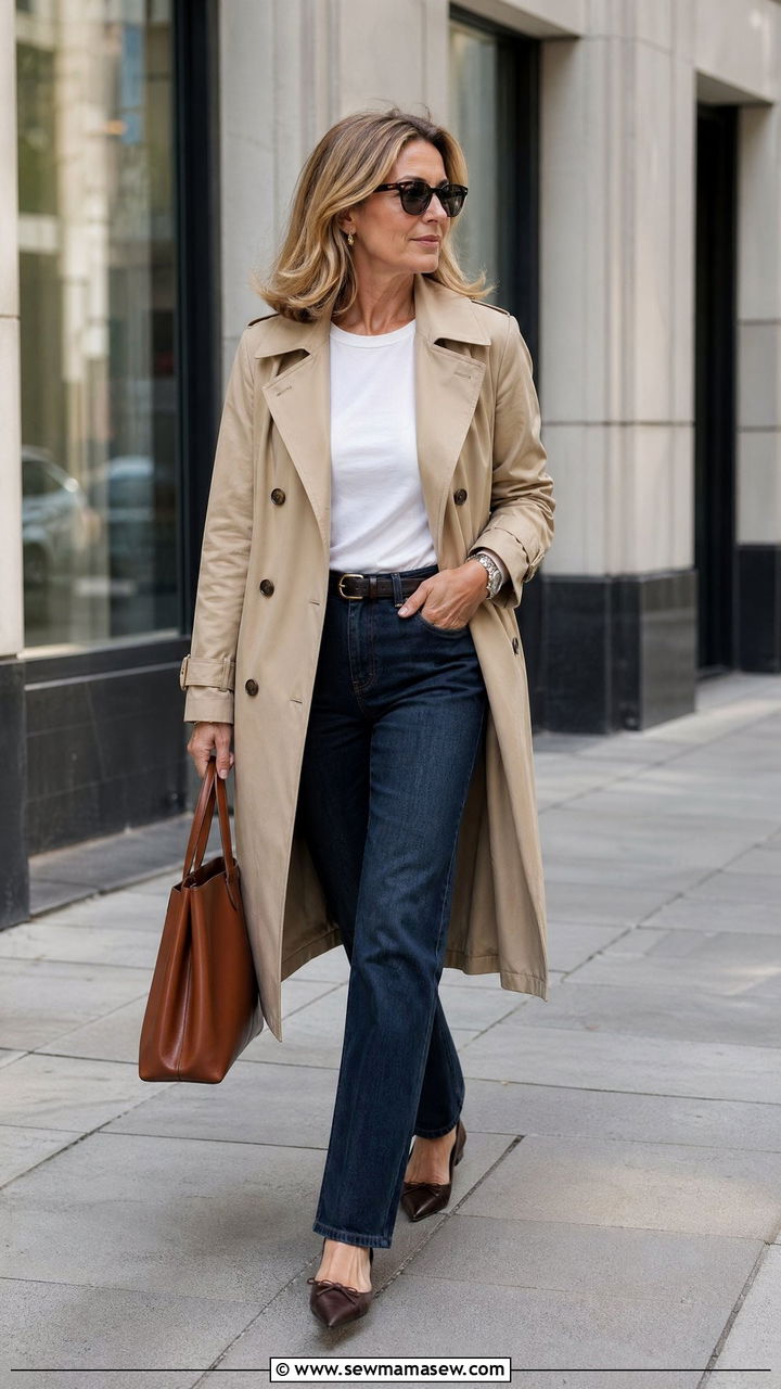 Trench coat with straight leg jeans - 35 Work outfits for women over 50
