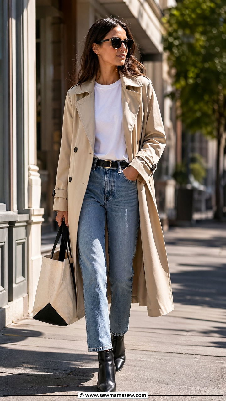 Trench coat with straight leg jeans and ankle boots - 35 transitional outfits for women