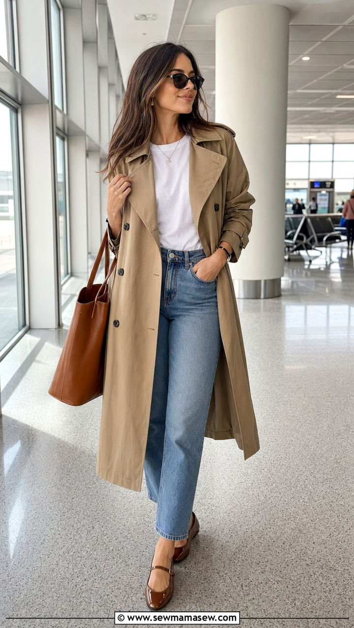 Trench coat with straight leg jeans and ballet flats - 30 Airport outfit ideas with ballet flats