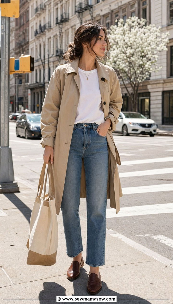 Trench coat with straight leg jeans and loafers - 35 Rich mom outfit ideas