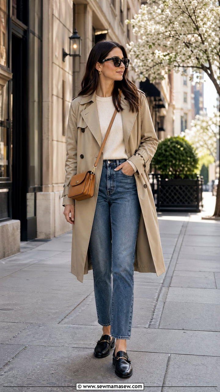Trench coat with straight leg jeans and loafers - 35 Transitional wardrobe ideas