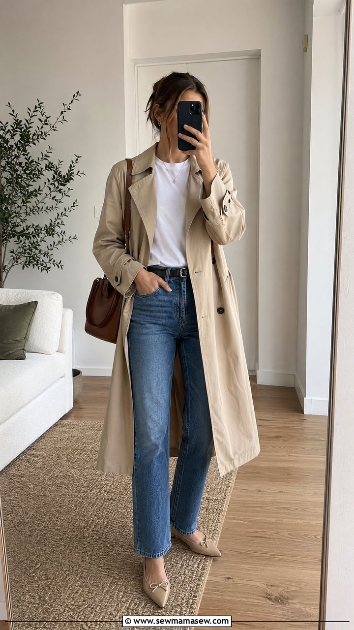 Trench coat with straight leg jeans and white tee - 35 Spring to summer transition outfits