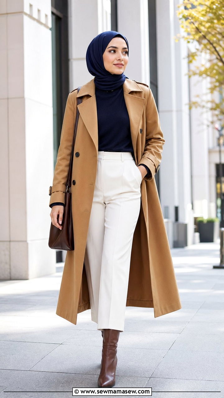 Trench coat with straight leg trousers - 35 Modest outfit ideas for hijabis