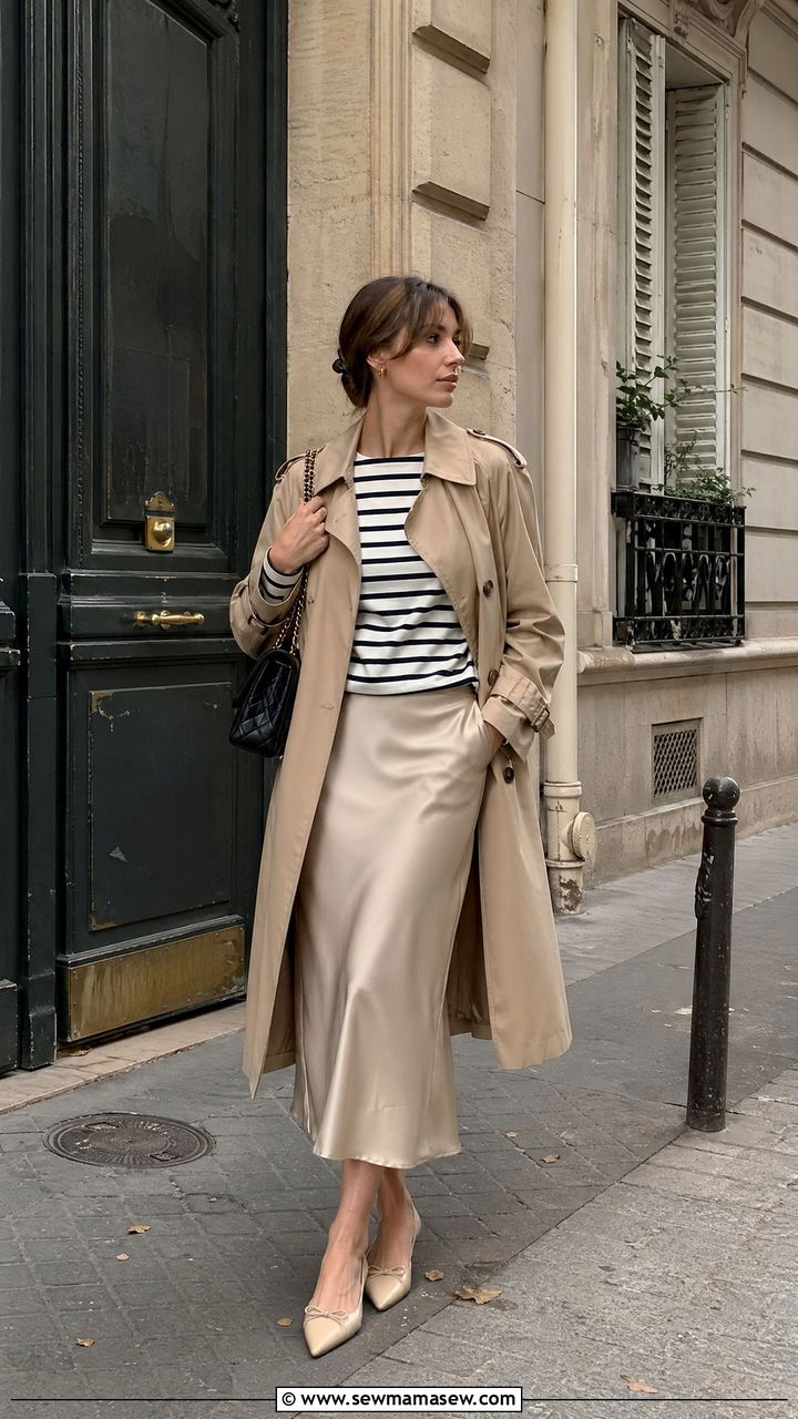 Trench coat with striped Breton tee and midi skirt - 35 trench coat outfits ideas