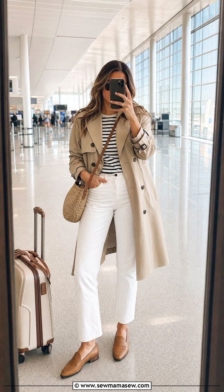 Trench coat with striped shirt and white jeans - 30 Airport outfit ideas with a trench coat